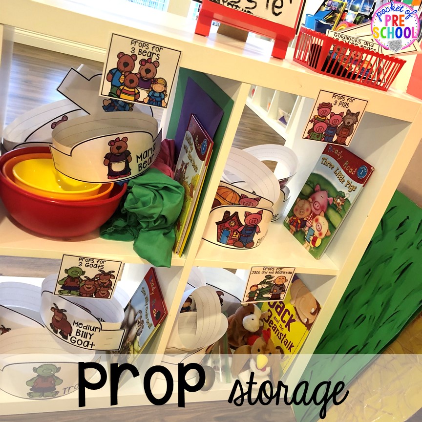 Prop storage! How to change the dramatic play center into a Fairy Tale Theater for a fairy tale theme or reading theme. #dramaticplay #pretendplay #preschool #prek #kindergarten