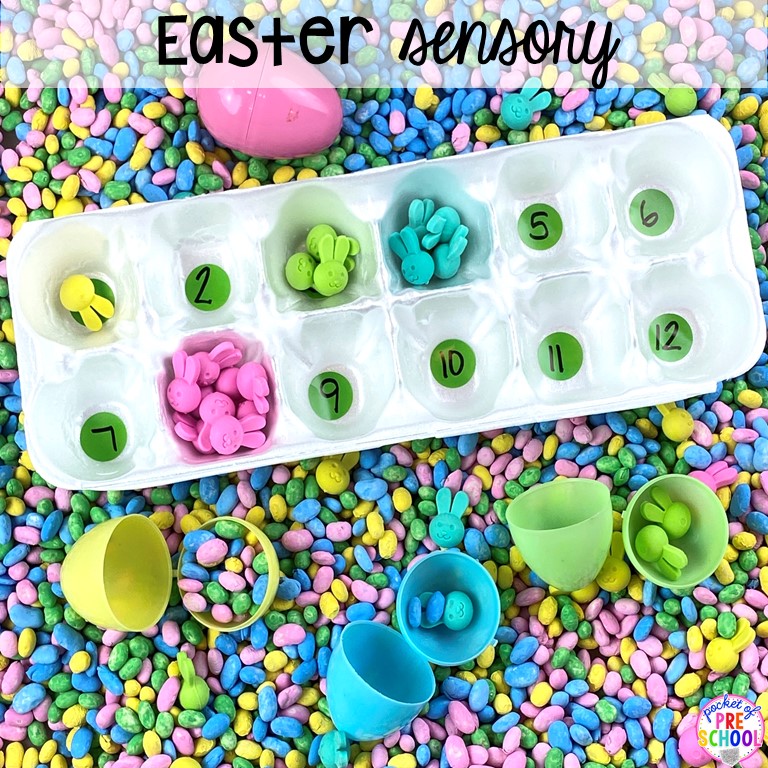 Easter sesnory table with a free sensory table idea list! #sensorytable #sensorybin #sensoryplay #preschool #prek