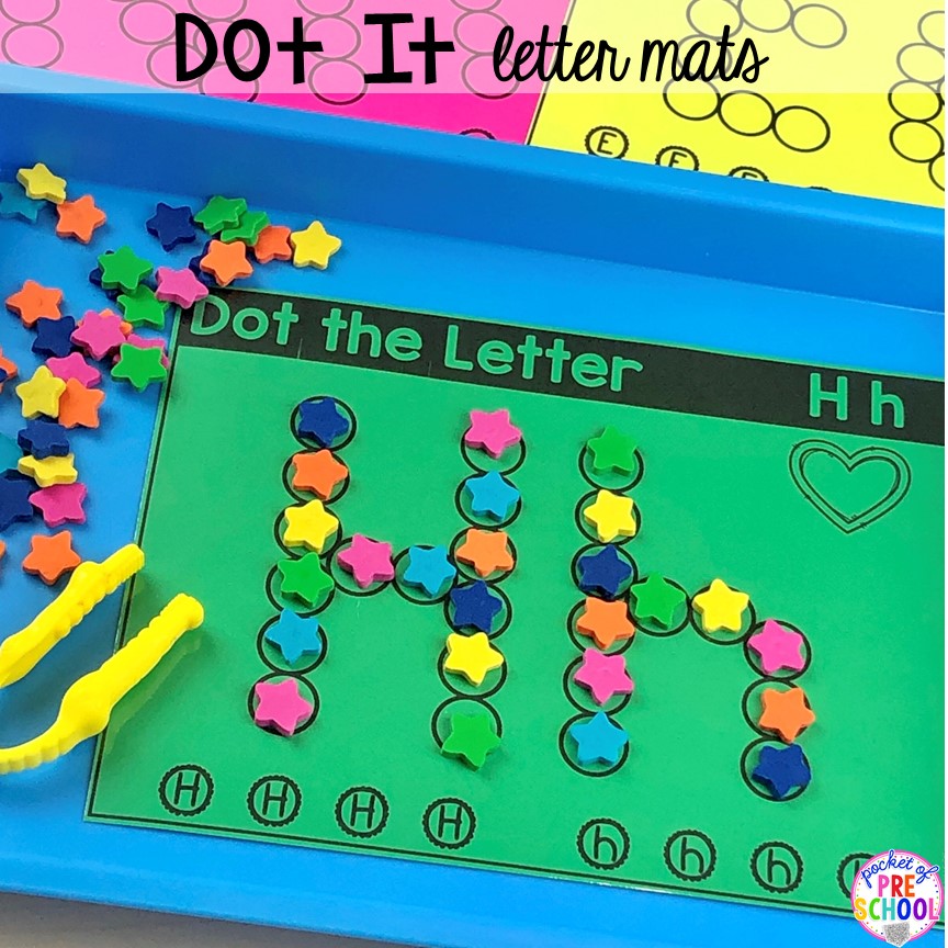Dot it alphabet letter mats! Alphabet letter mats - build the letter and write it! Easy way to make learning letters and handwriting fun for preschool, pre-k, and kindergarten #letters #alaphabet #handwriting #preschool #prek #kindergarten