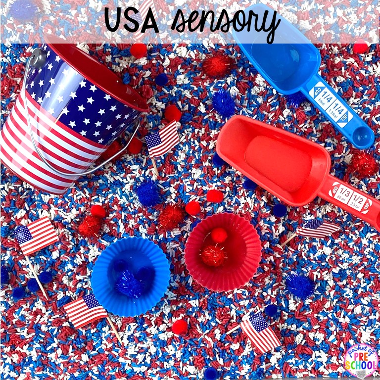 USA sesnory table plus more sensory tables for every holiday with various sensory fillers and sensory tools that incorperate math, literacy, and science into play. #sensorytable #sensorybin #sensoryplay #preschool #prek