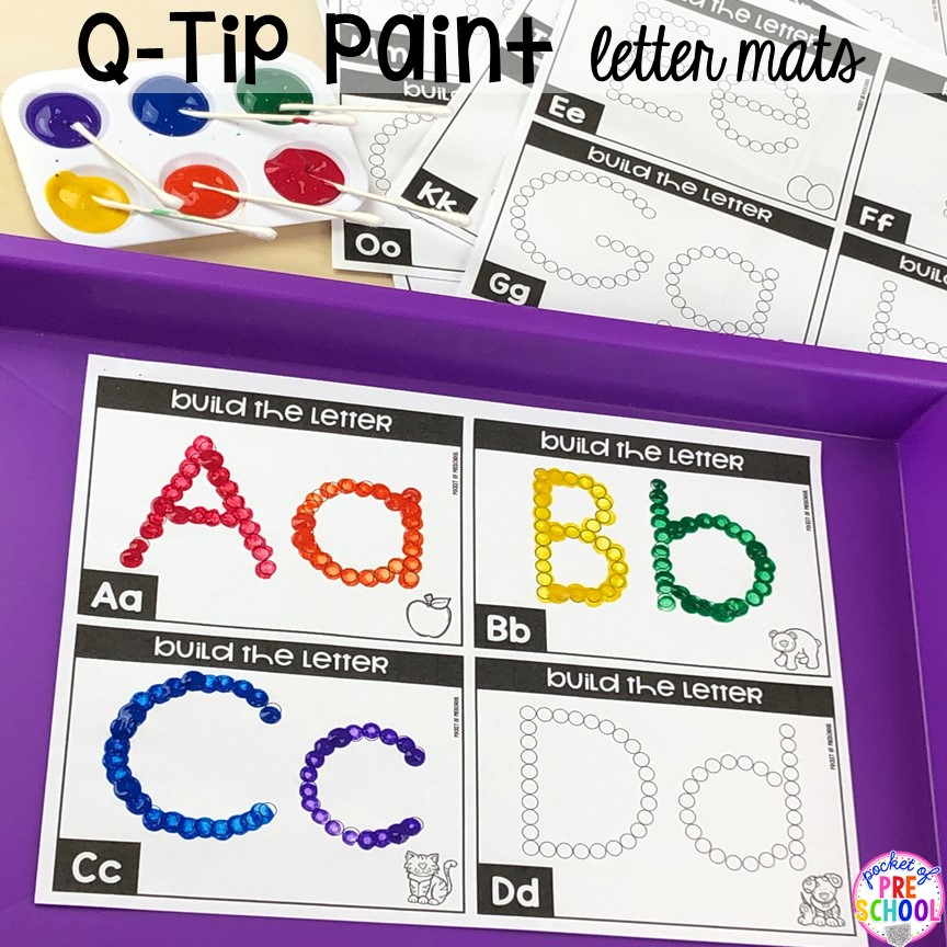 Paint dot it alphabet letter mats! Alphabet letter mats - build the letter and write it! Easy way to make learning letters and handwriting fun for preschool, pre-k, and kindergarten #letters #alaphabet #handwriting #preschool #prek #kindergarten