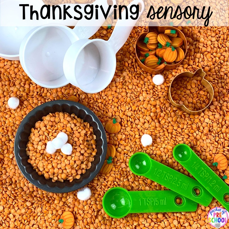 Thanksgiving sesnory table plus more sensory tables for every holiday with various sensory fillers and sensory tools that incorperate math, literacy, and science into play. #sensorytable #sensorybin #sensoryplay #preschool #prek