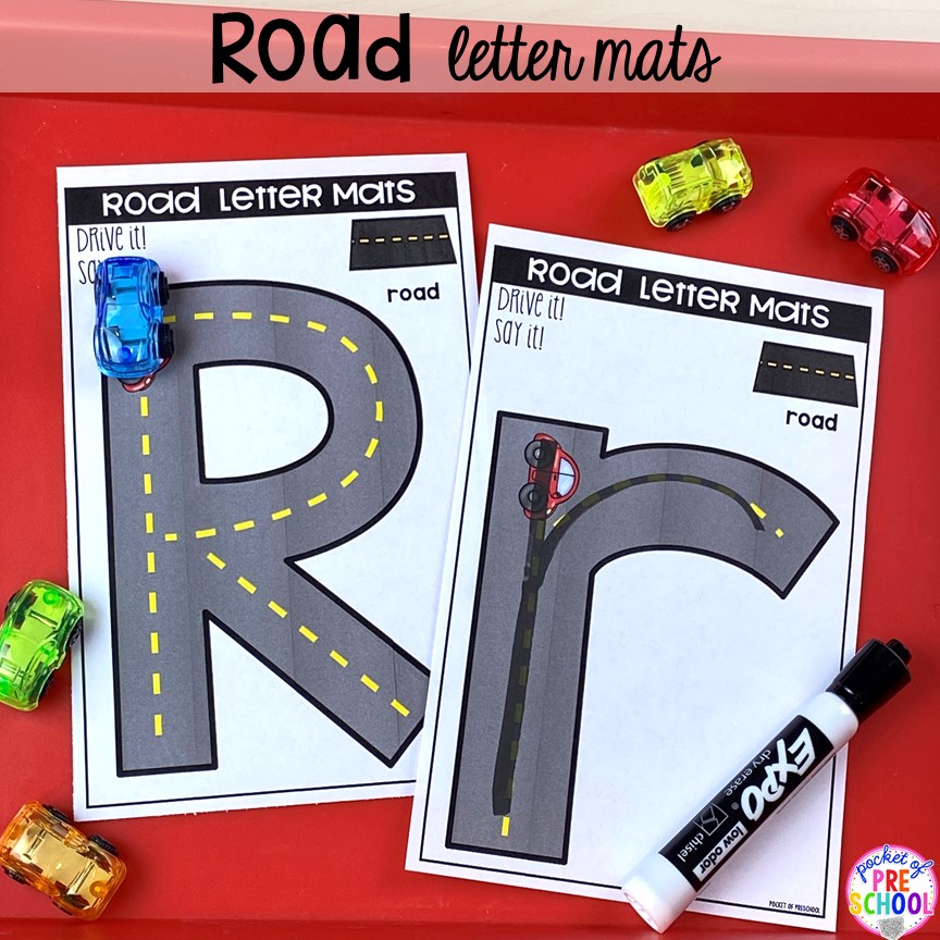 Road alphabet letter mats! Alphabet letter mats - build the letter and write it! Easy way to make learning letters and handwriting fun for preschool, pre-k, and kindergarten #letters #alaphabet #handwriting #preschool #prek #kindergarten