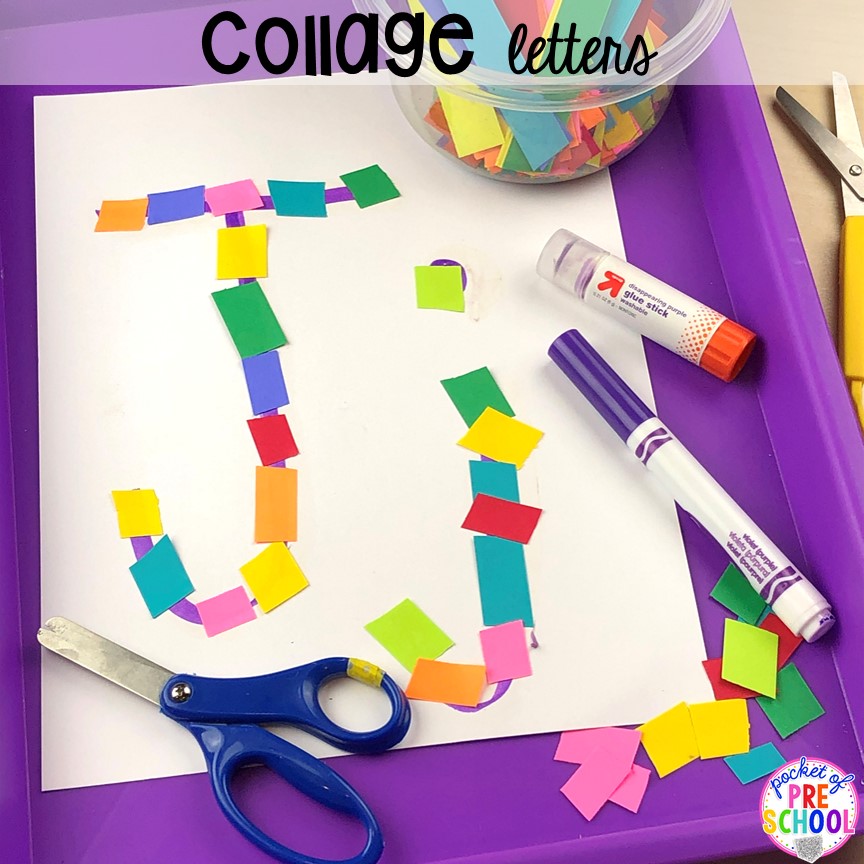 Cutting collage alphabet letter mats! Alphabet letter mats - build the letter and write it! Easy way to make learning letters and handwriting fun for preschool, pre-k, and kindergarten #letters #alaphabet #handwriting #preschool #prek #kindergarten
