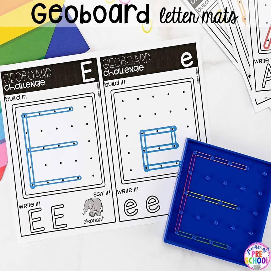 Geoboard alphabet letter mats! Alphabet letter mats - build the letter and write it! Easy way to make learning letters and handwriting fun for preschool, pre-k, and kindergarten #letters #alaphabet #handwriting #preschool #prek #kindergarten