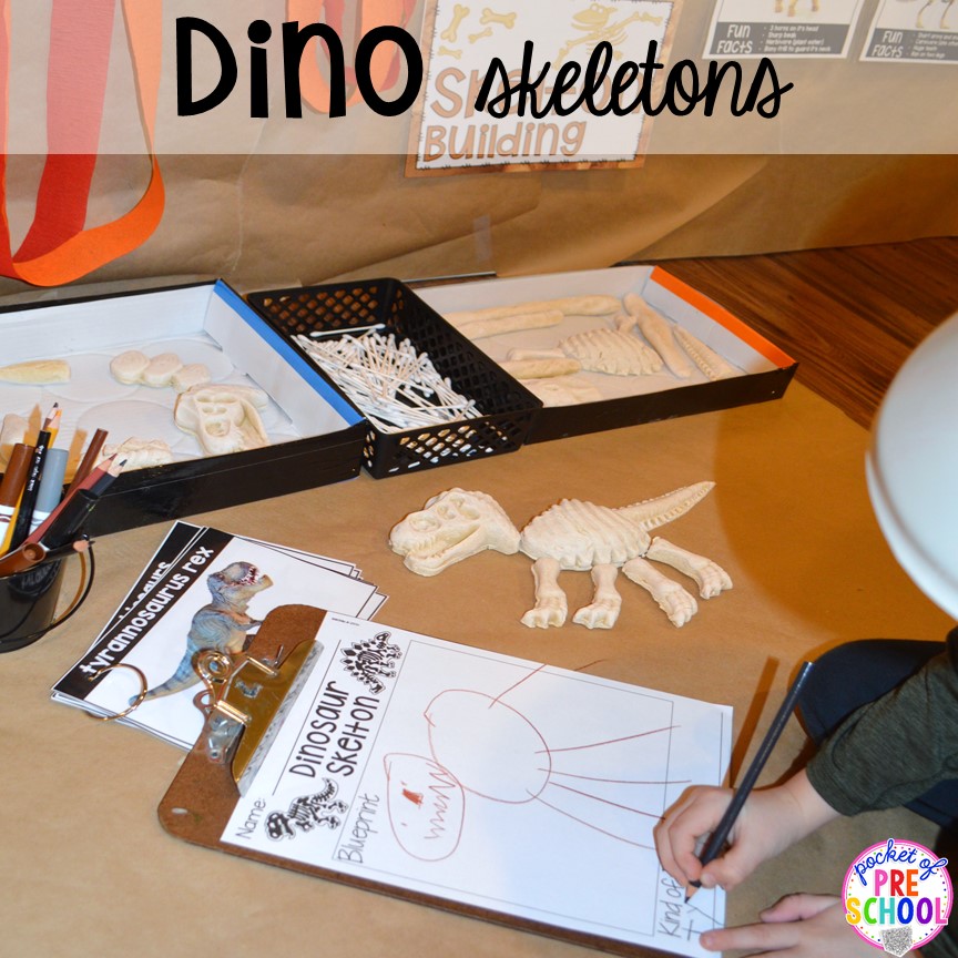 Draw dinosaur skeletons! ow to make a Dinosaur Dig Site in dramatic play and embed tons of math, literacy, and STEM into their play. Perfect for preschool, pre-k, and kindergarten. #preschool #prek #dinosaurtheme #dinodig #dramaticplay