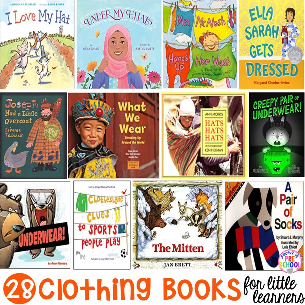 Clothing book list for preschool, pre-k, and kindergarten. The perfect resources for a clothing unit or clothing theme! #clothingunit #clothingtheme #booklist #childrensbooklist