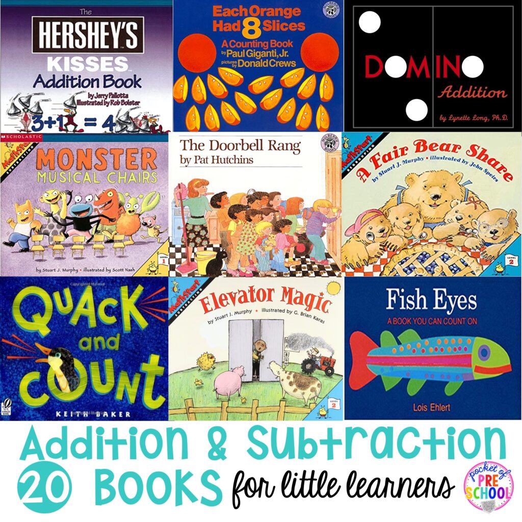 Addition & subtraction book list for preschool, pre-k, and kindergarten. Perfect for addition and subtraction math units. #booklist #mathunit #addition #subtraction