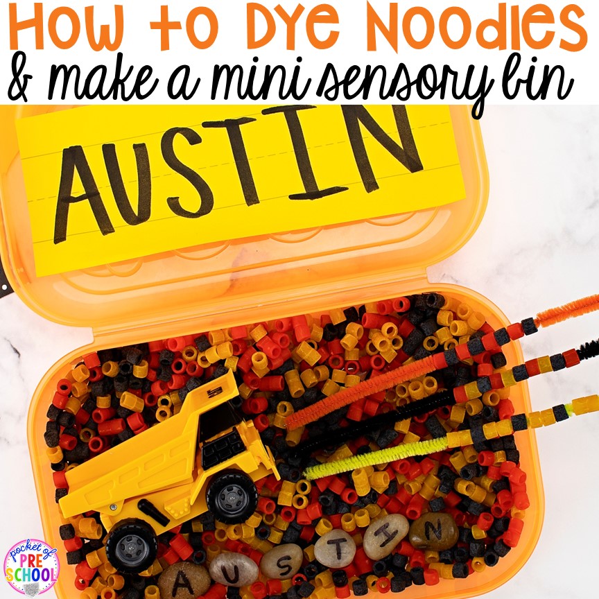 How to dye noodles for sensory play and sensory tables.