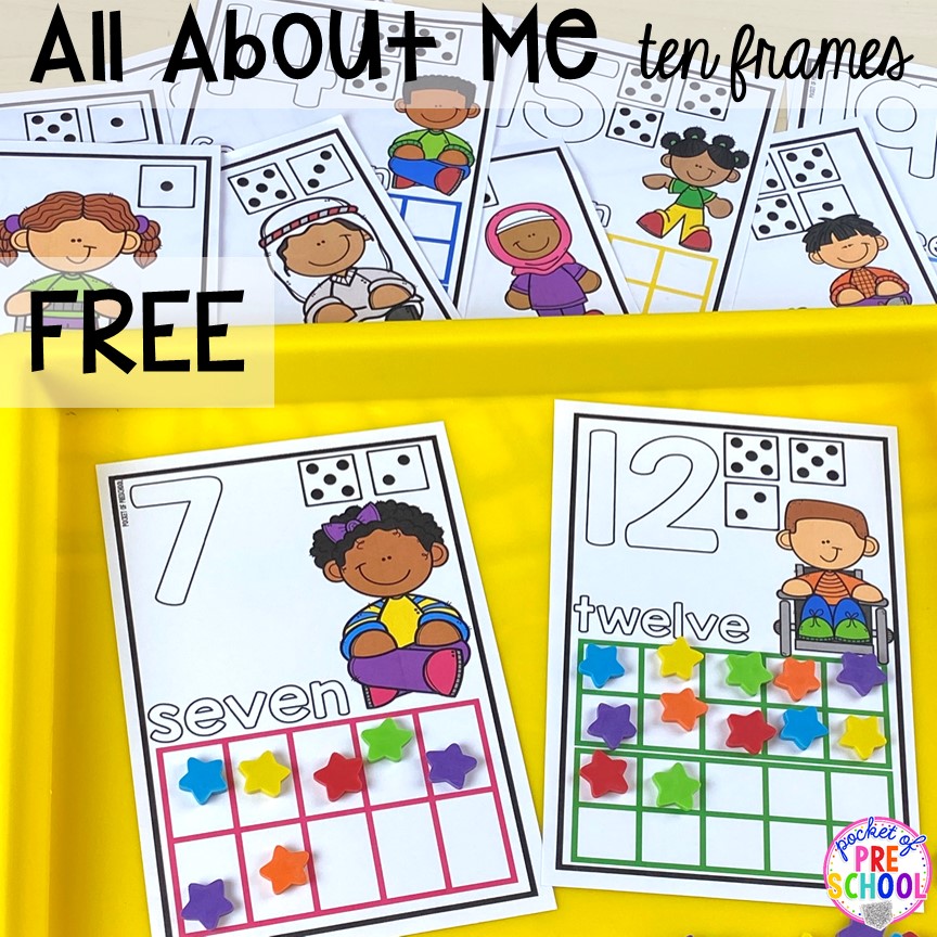 FREE all about me ten frame math mats plus tons of all about me activities for back to school. Perfect for preschool, pre-k, or kindergarten. #allaboutme #diversity #backtoschool