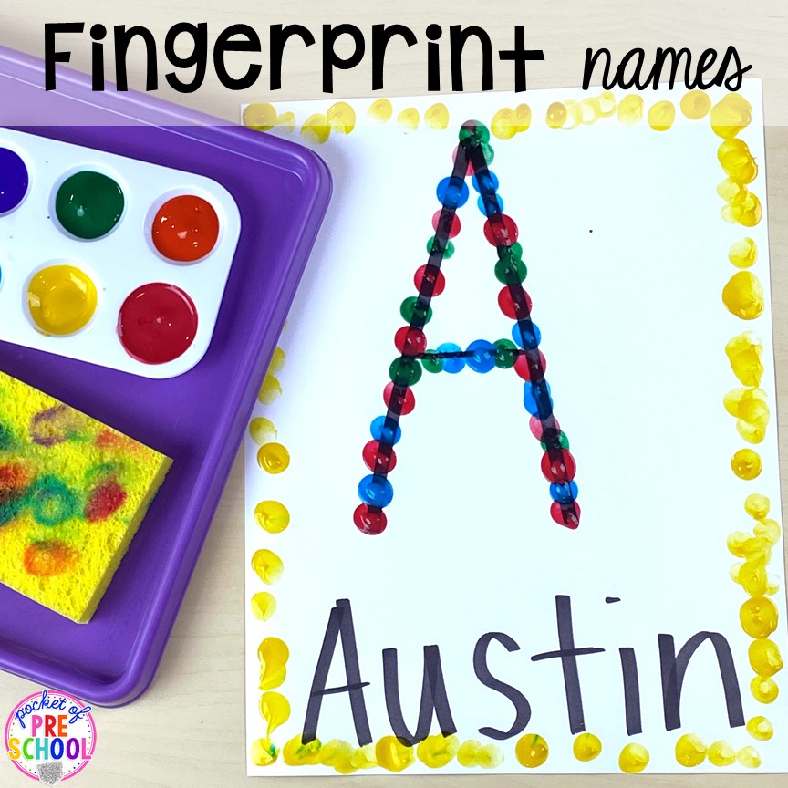 Fingerprint names or letters plus tons of all about me activities for back to school. Perfect for preschool, pre-k, or kindergarten. #allaboutme #diversity #backtoschool 
