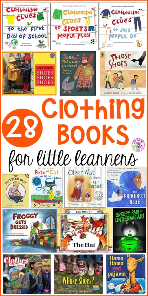 Clothing book list for preschool, pre-k, and kindergarten. The perfect resources for a clothing unit or clothing theme! #clothingunit #clothingtheme #booklist #childrensbooklist