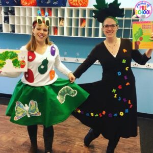Chicka Chicka Boom Boom and The Hungry Caterpillar Halloween costume plus 25 more adorable and easy Halloween costumes for teachers. #preschool #prek #kindergarten #teachercostume #Halloweenteachercostumes