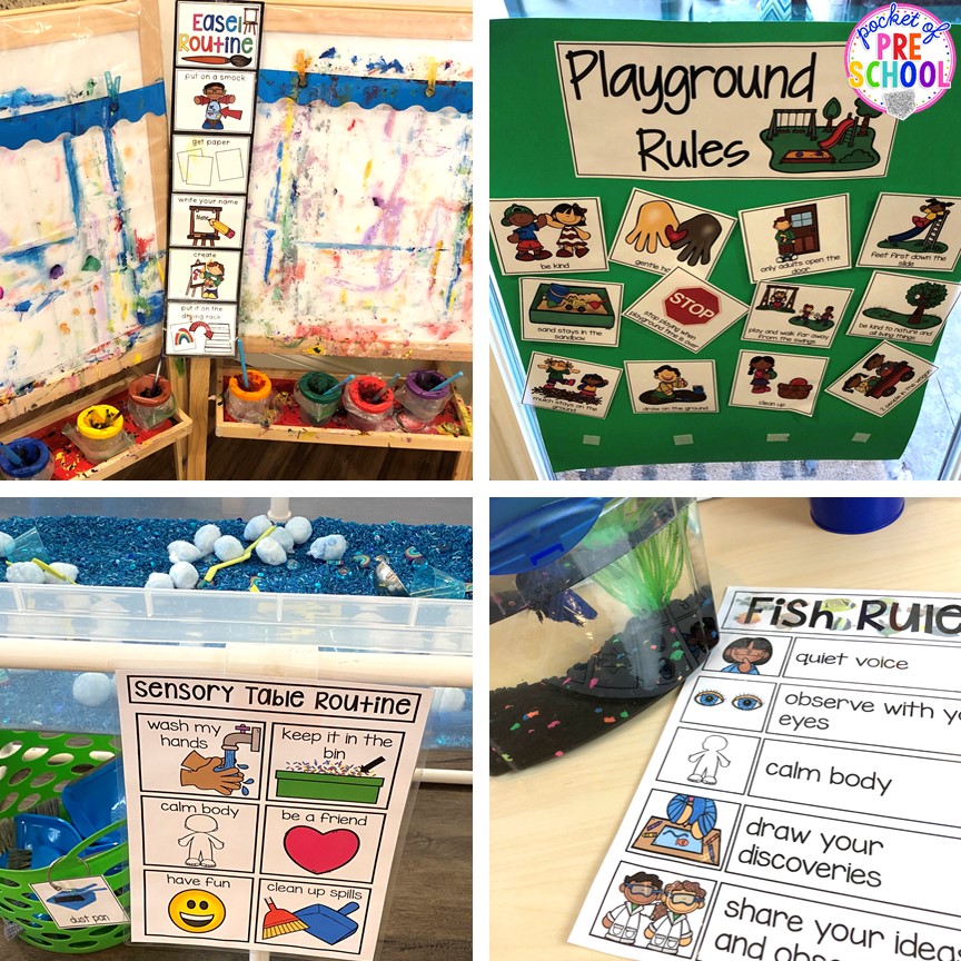 Example classroom visual routines plus more classroom management tips for preschool, pre-k, and kindergarten. #classroommanagement #preschool #prek #kindergarten