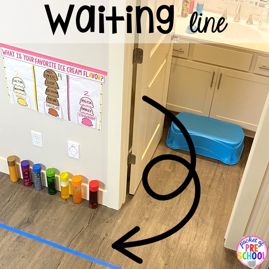 Waiting line to wash hands plus more classroom management tips for preschool, pre-k, and kindergarten. #classroommanagement #preschool #prek #kindergarten