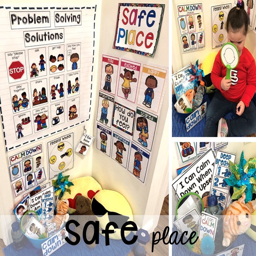 Set up a safe place or cozy corner plus more classroom management tips for preschool, pre-k, and kindergarten. #classroommanagement #preschool #prek #kindergarten