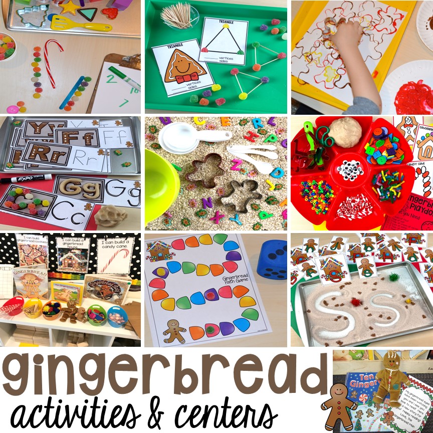 Gingerbread activities and centers for preschool, pre-k, and kindergarten (STEM, math, writing, letters, fine motor, and art)