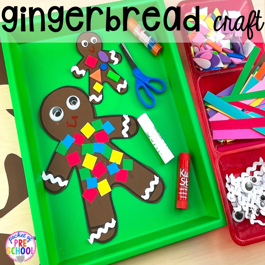 Gingerbread cutting craft for the art center. Gingerbread activities and centers for preschool, pre-k, and kindergarten (STEM, math, writing, letters, fine motor, and art)