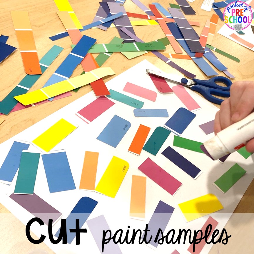 Cutting paint samples! Plus more scissor skills activities for cutting practice for preschool, pre-k, and kindergarten with FREE cutting printables. #scissorskills #cuttingpractice