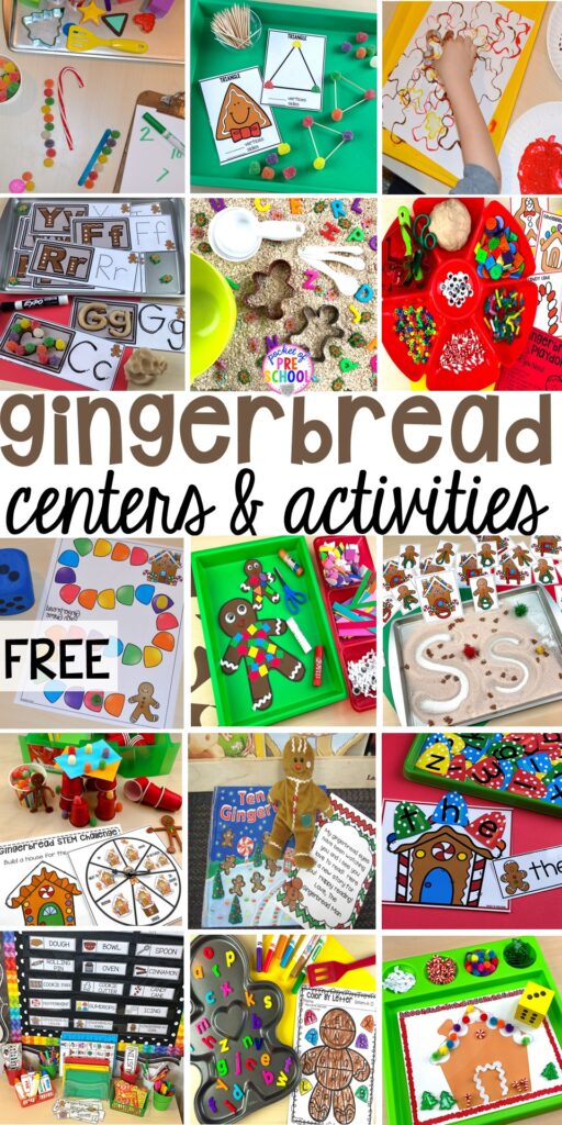 Gingerbread activities and centers for preschool, pre-k, and kindergarten (STEM, math, writing, letters, fine motor, and art) FREE printables too!