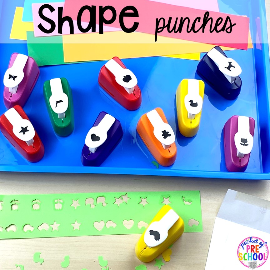 Shape punches for fine motor work! Plus more scissor skills activities for cutting practice for preschool, pre-k, and kindergarten with FREE cutting printables. #scissorskills #cuttingpractice