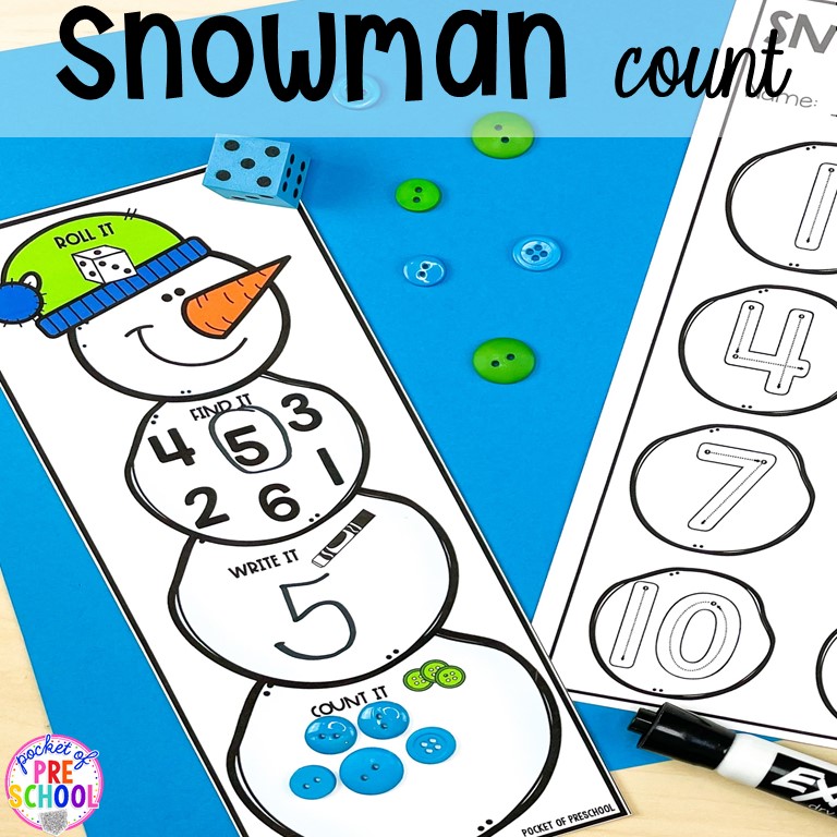 Snowman number sense activity (roll, count, identify, and write the number) plus tons of snowman themed activities for preschool, pre-k, and kindergarten. #snowmantheme #wintertheme