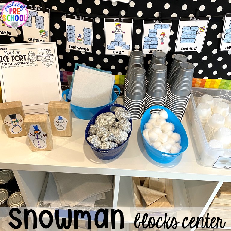 Snowman blocks center ideas (teaching positional words) plus tons of snowman themed activities for preschool, pre-k, and kindergarten. #snowmantheme #wintertheme