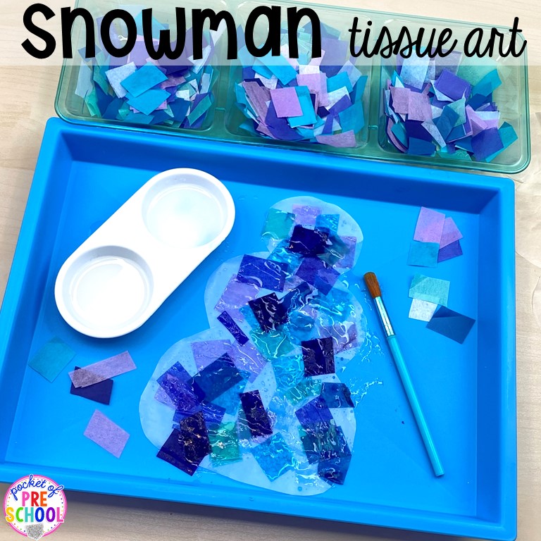 Snowman tissue paper art plus tons of snowman themed activities for preschool, pre-k, and kindergarten. #snowmantheme #wintertheme