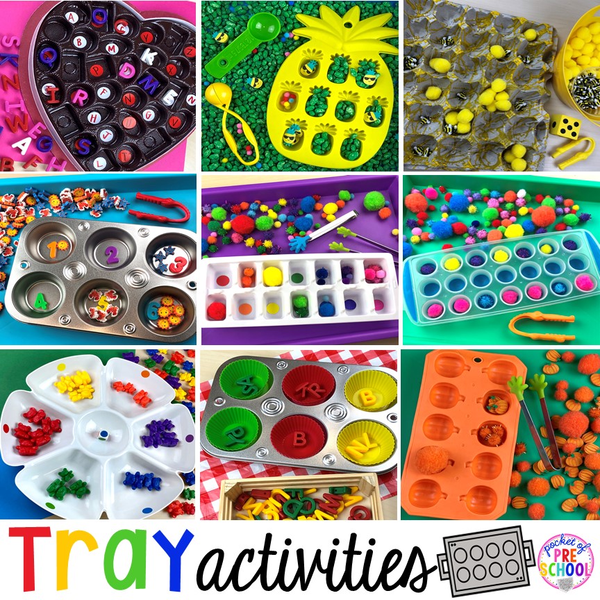 Tray activities to incorporate literacy and math in preschool, pre-k, and kindergarten classes.