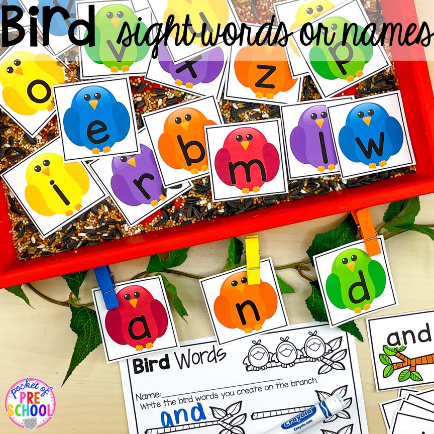 Practice spelling sight words or names with bird-themed letter cards plus tons of Bird activities (literacy, math, fine motor, science) and FREE bird play dough mats perfect for preschool, pre-k, and kindergarten.