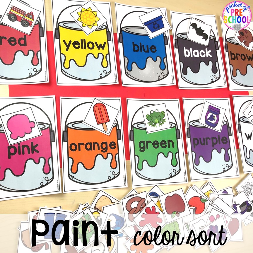 Paint color sort activity for preschool, pre-k, and toddler students. Plus more fun color activities for art, sensory, letters, math, fine motor, and science!