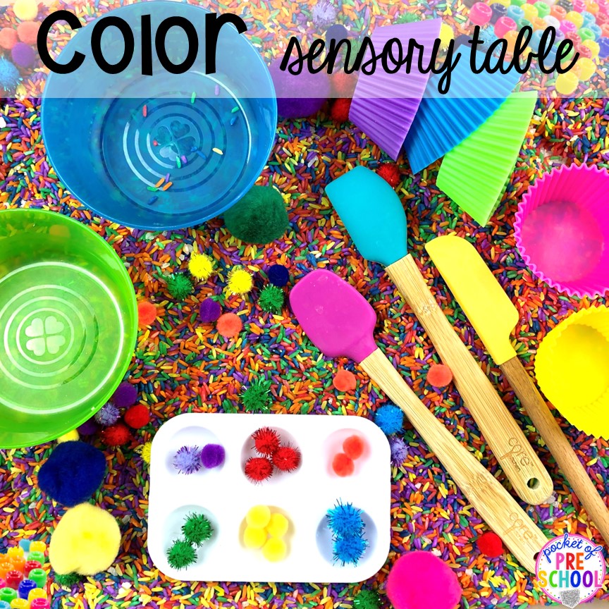 Color sensory table with dyed rice is perfect for preschool and pre-k! Plus more fun color activities for art, sensory, letters, math, fine motor, and science!