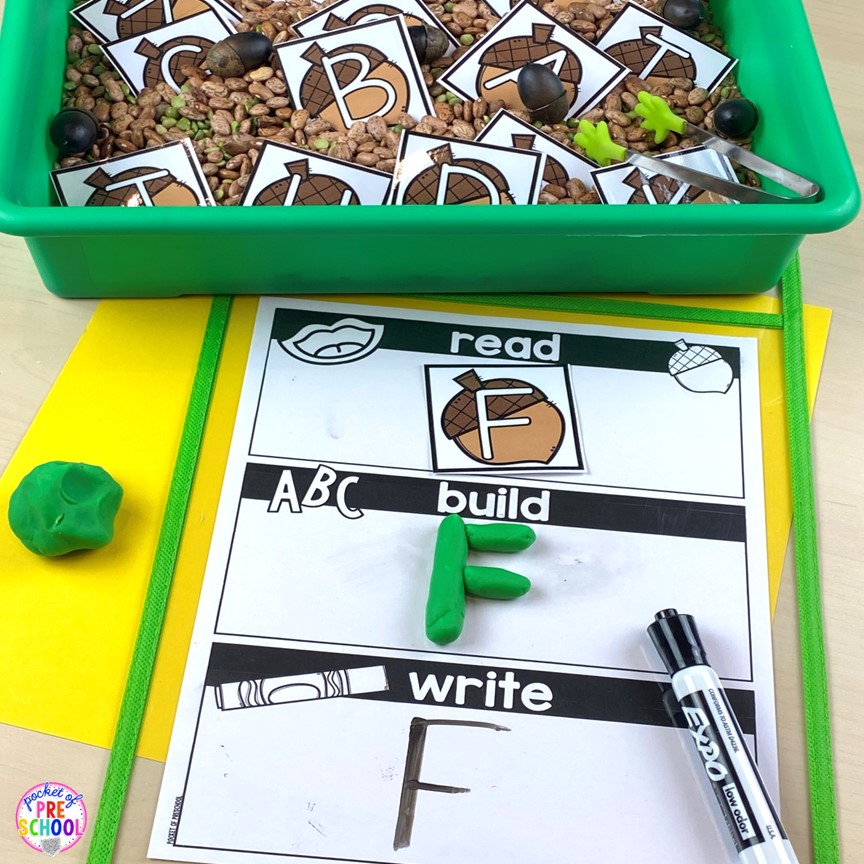 Fall acorn read, build, write letter activity! A fun letter activity to learn letters and letter formation for preschool, pre-k, or kindergarten students.
