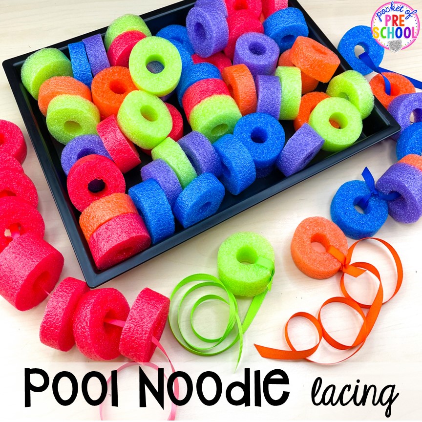 Pool noodle lacing to develop fine motor skills and hand eye coordination! Plus 15 more pool noodle activities that TEACH literacy, math, science, STEM, art, fine motor, and more for preschool, pre-k, and kindergarten.