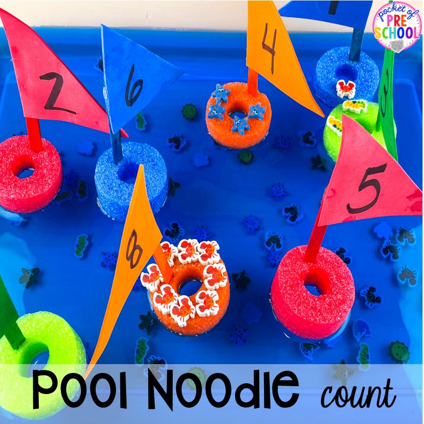 Pool noodle counting activity with mini erasers! Plus 15 more pool noodle activities that TEACH literacy, math, science, STEM, art, fine motor, and more for preschool, pre-k, and kindergarten.