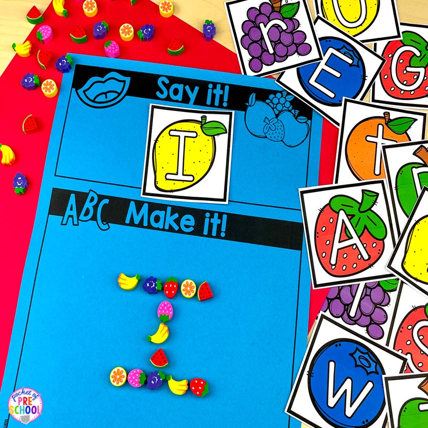 Fruit letter cards say it, make it letter game! A fun letter activity to learn letters and letter formation for preschool, pre-k, or kindergarten students. 