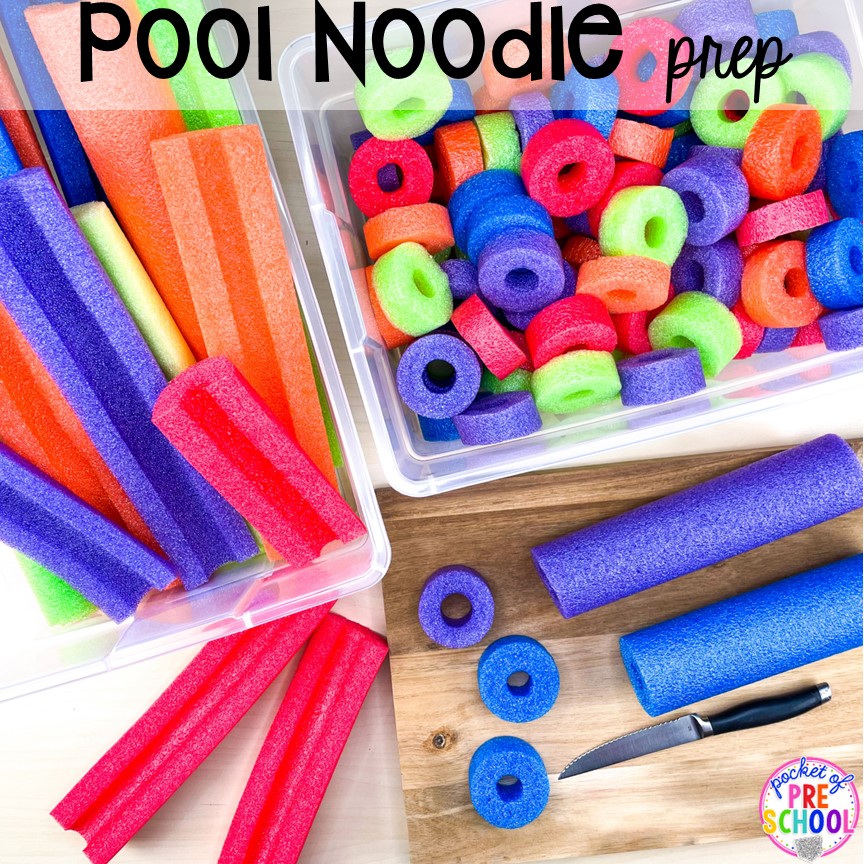 Learn how to prep pool noodles for 15 learning and hands-on activities for preschool, pre-k, or kindergarten students.
