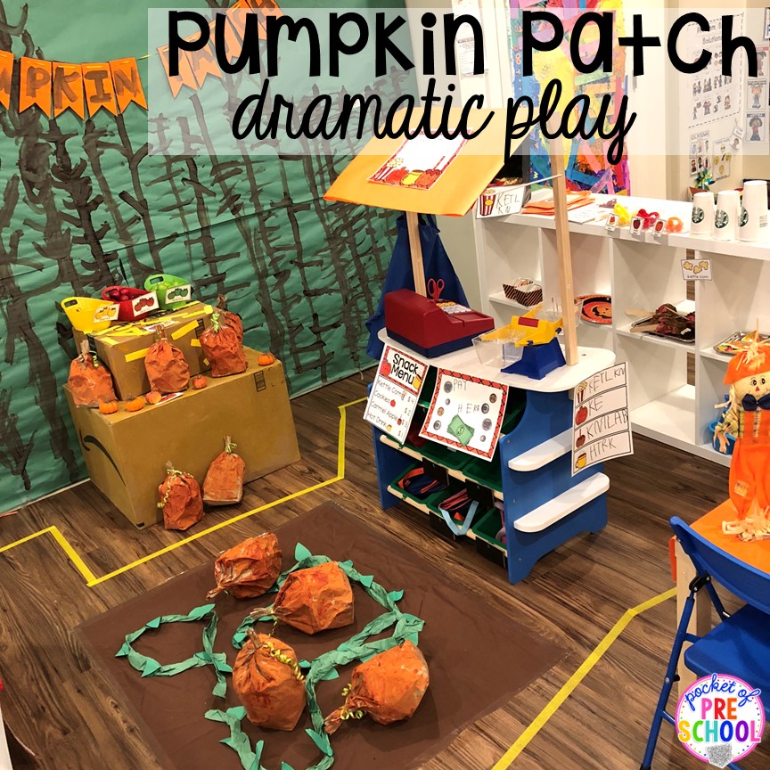 Pumpkin Patch Dramatic Play! Plus tons of Pumpkin Activities - letters, math, art, sensory, fine motor, science, blocks, and more for preschool, pre-k, and kindergarten kiddos.