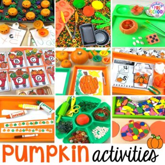 Tons of Pumpkin Activities - letters, math, art, sensory, fine motor, science, blocks, and more for preschool, pre-k, and kindergarten kiddos. Fun for fall theme or Halloween theme.