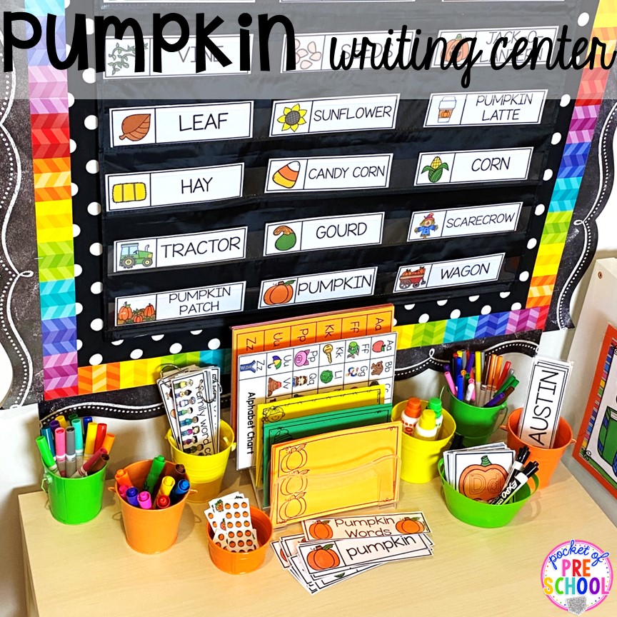 Pumpkin writing center! Plus tons of Pumpkin Activities - letters, math, art, sensory, fine motor, science, blocks, and more for preschool, pre-k, and kindergarten kiddos.