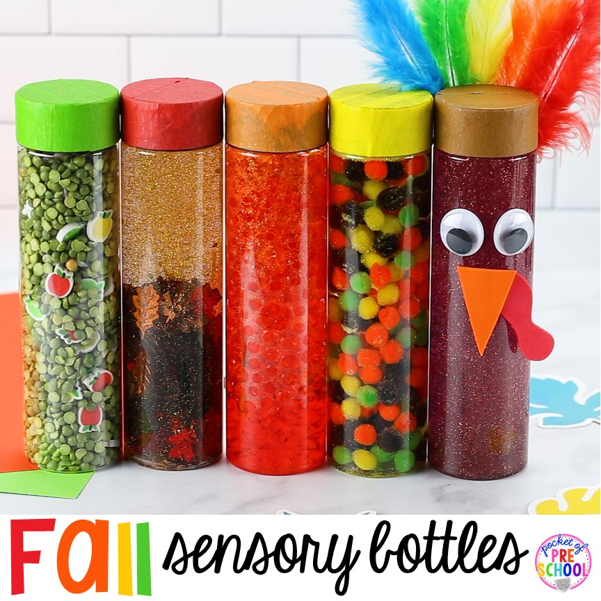 Fall Sensory Bottles for preschool, pre-k, or kindergarten classrooms.