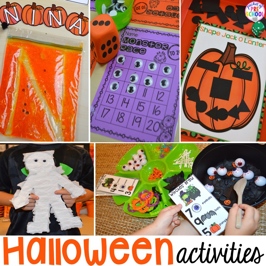 Halloween activities for preschool, pre-k, or kindergarten students to practice literacy, math, and fine motor skills. 
