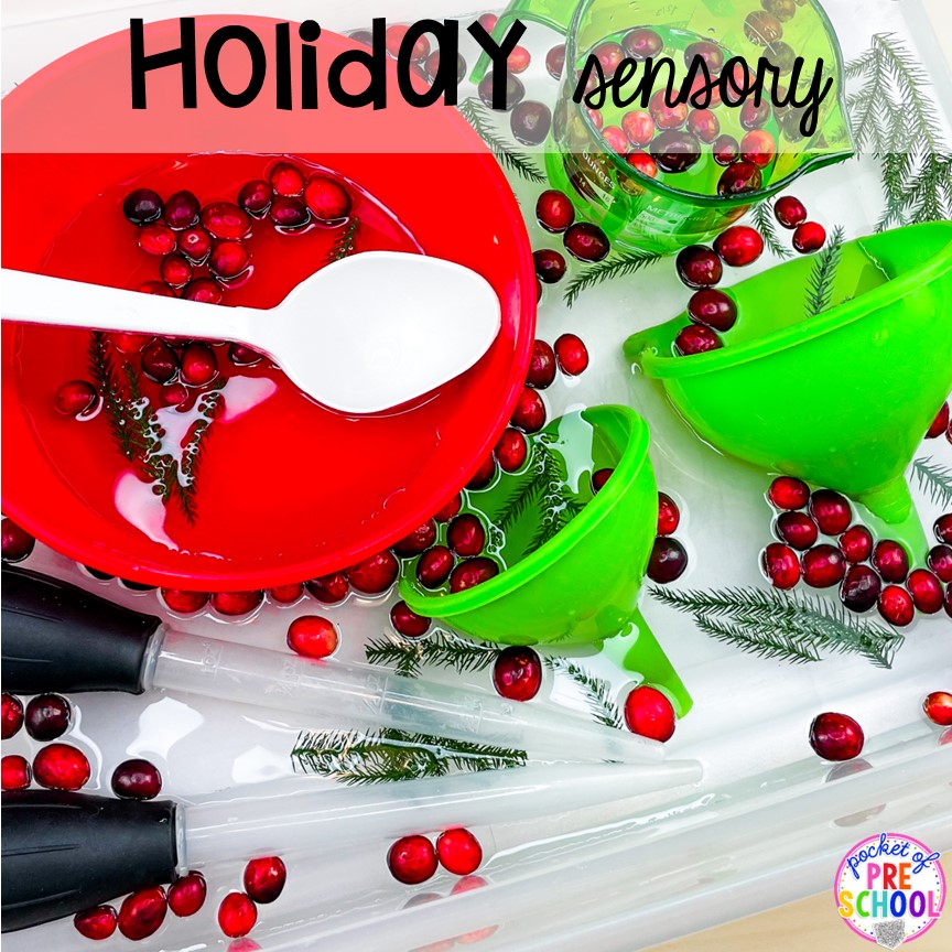 Cranberry Sensory Bin! Holiday sensory bins that teach preschool, pre-k, and kindergarten students letters, numbers, shapes, and more!